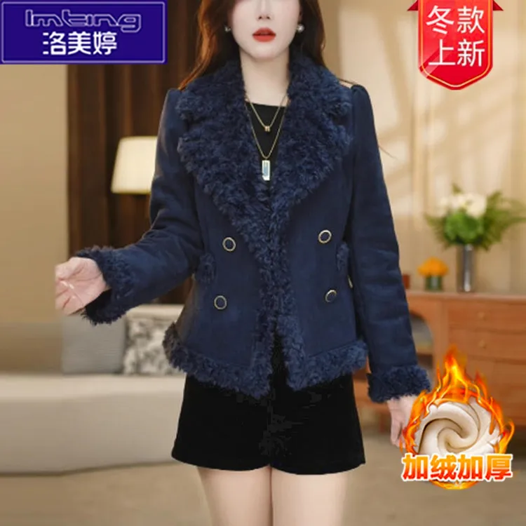 皮毛一体外套冬季新款加绒保暖小个子妈妈翻领洋气加厚皮草外套女