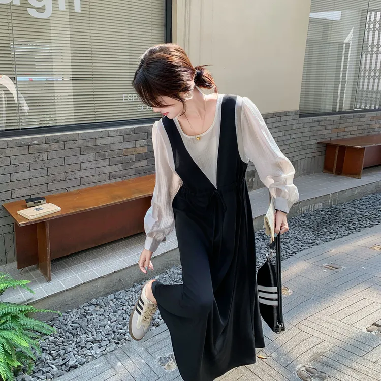 法式拼接假两件连衣裙女夏2025新款轻熟风高级设计感气质长裙子
