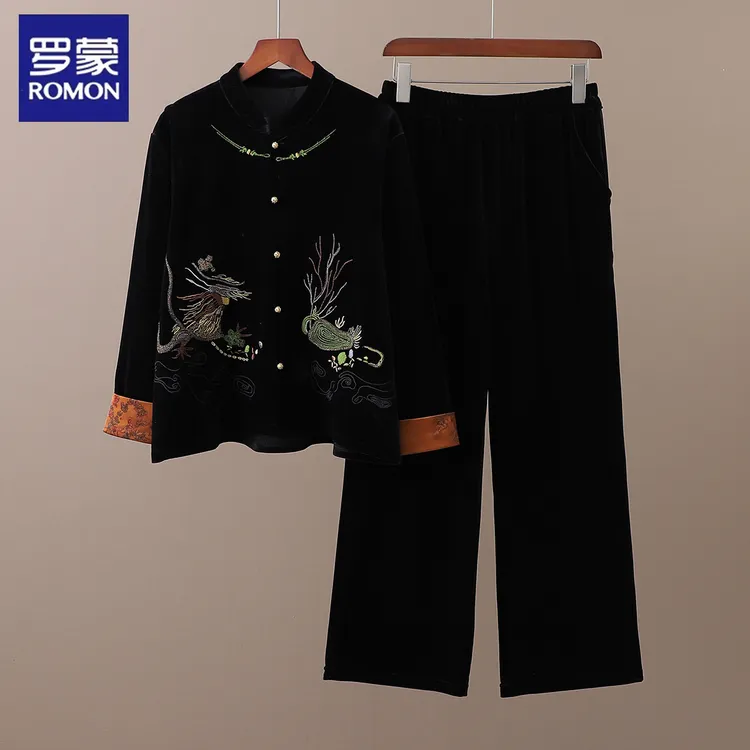 罗蒙奶奶秋装新中式金丝绒上衣裤套装国风外套妈妈春秋唐装两件套