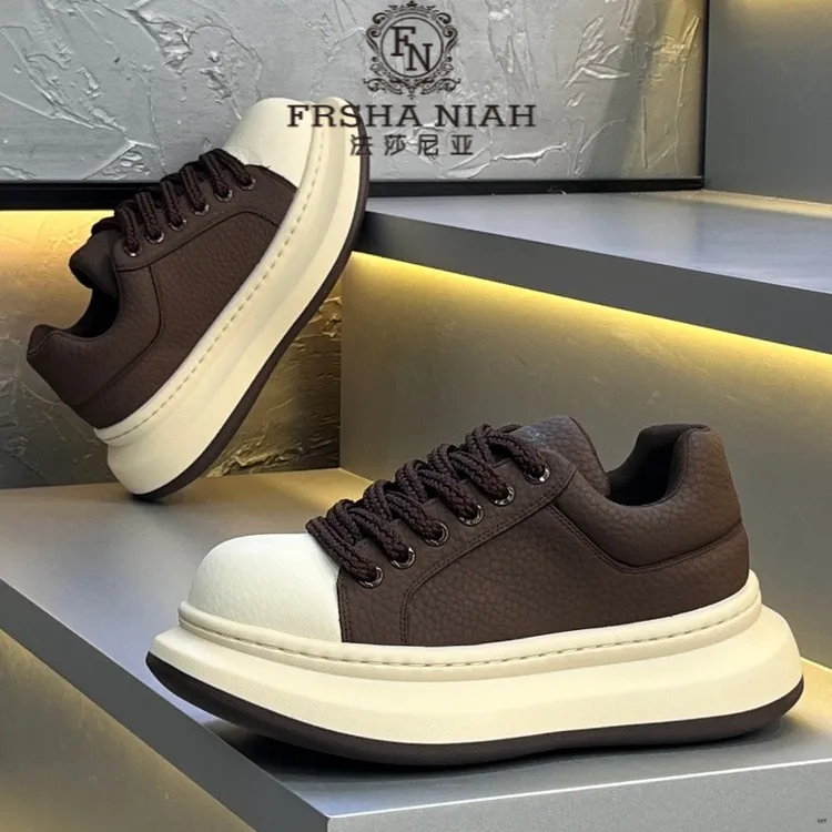 法莎尼亚轻奢男鞋秋季新款透气皮面厚底鞋增高舒适纯色运动休闲鞋