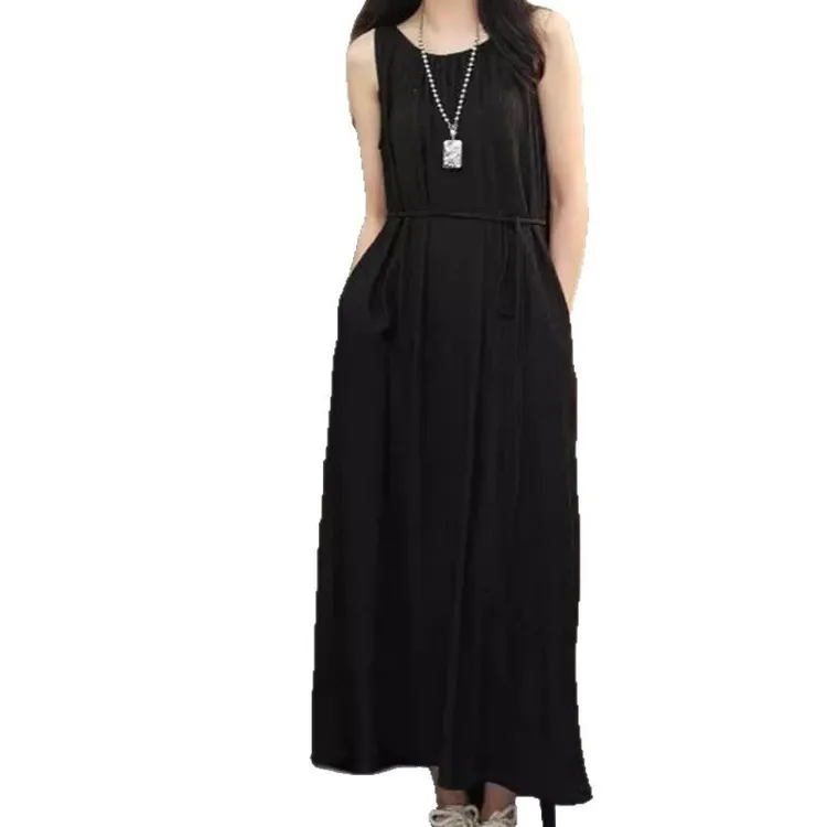 法式无袖连衣裙女士夏季系带显瘦中长裙时装气质连衣裙Q163