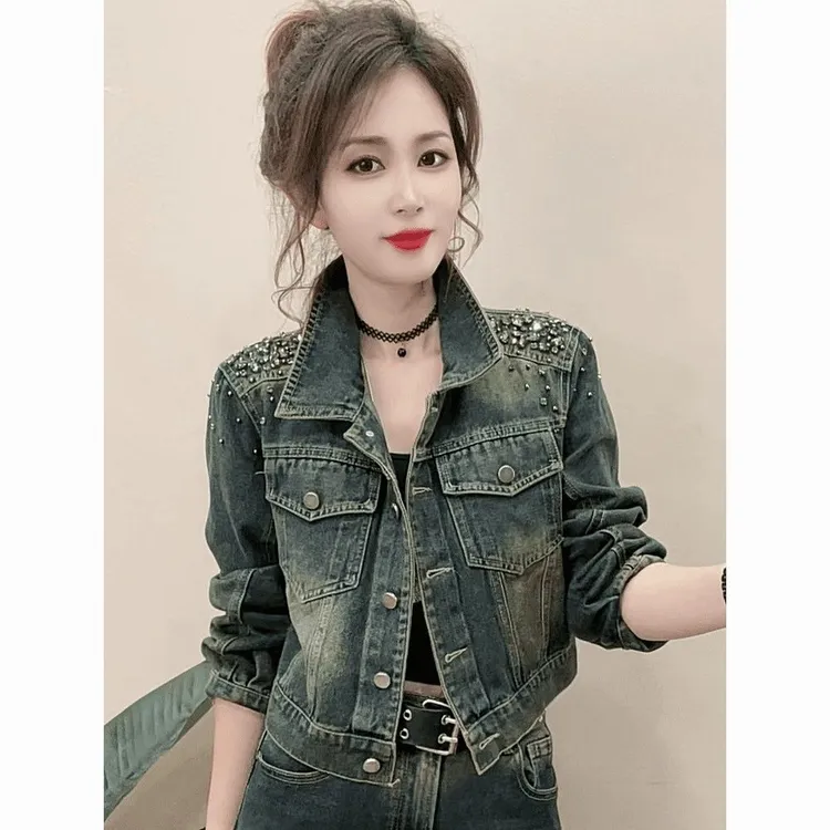 【店铺热销】2025新款欧货钉珠烫钻牛仔外套女春秋款高级感短款设