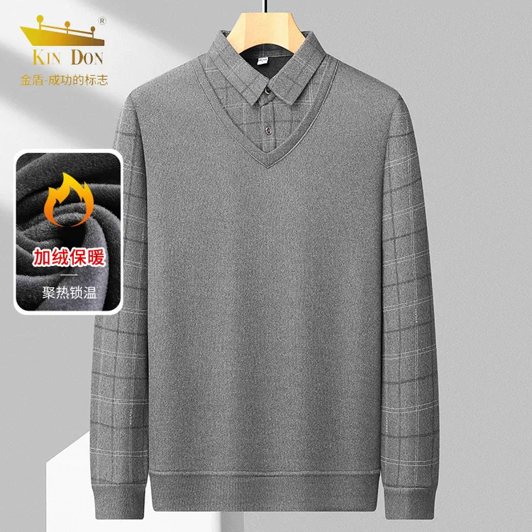 针织翻领毛衣加绒商务休闲针织衫加厚衬衫领加绒长袖