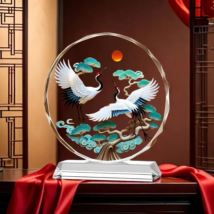 松鹤延年水晶画摆件鹤寿松领吉祥中式寓意客厅玄关装饰礼物工艺品