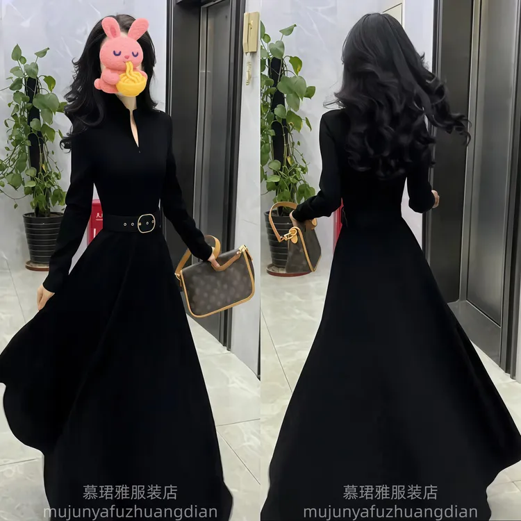 设计感气质女装冬季秋冬裙子立领半拉链系带收腰显瘦长款连衣裙商品图