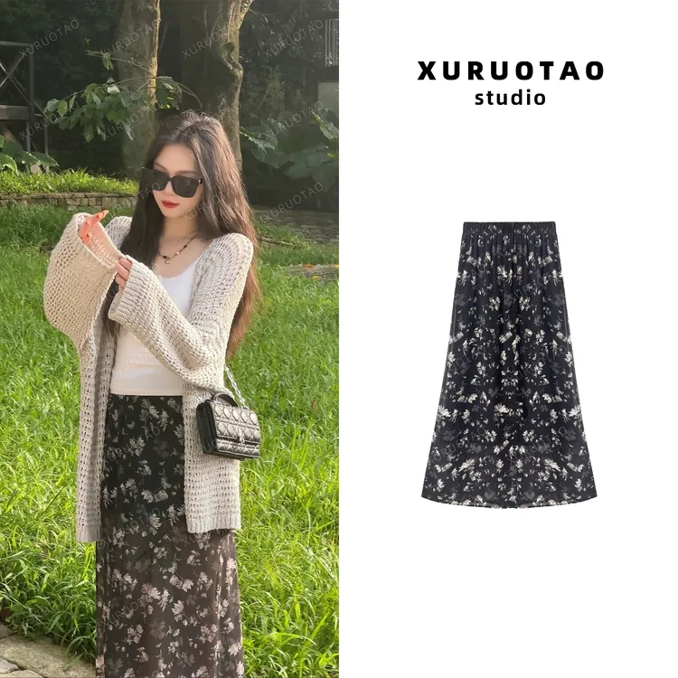 XURUOTAO 【墨花】100人丝花朵设计感显瘦高腰黑色半身裙 T5470