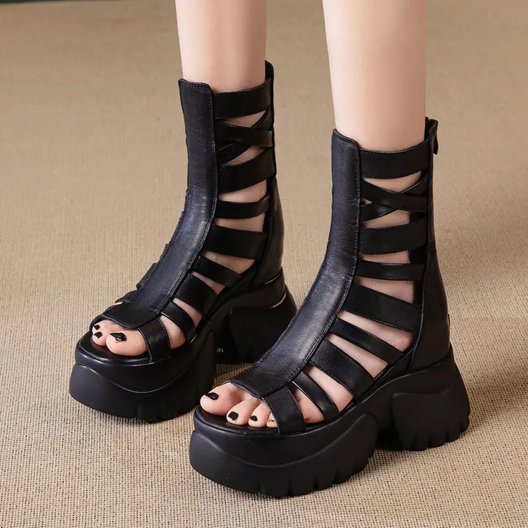 内增高凉靴女潮流时尚厚底镂空小个子9cm鱼嘴坡跟夏外穿罗马凉鞋