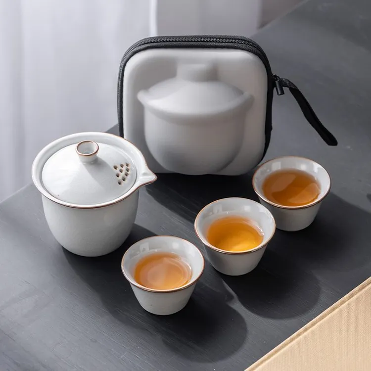 高档汝窑旅行茶具套装一壶三杯户外便携式茶器功夫防烫泡茶壶茶杯