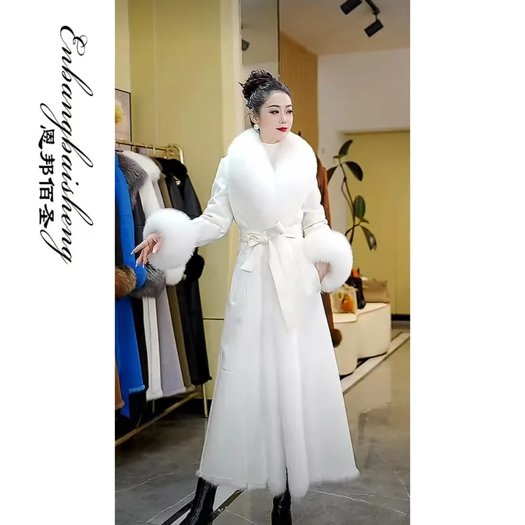 恩邦佰圣加长加厚款狐狸毛领兔皮毛一体高端修身女装皮草外套