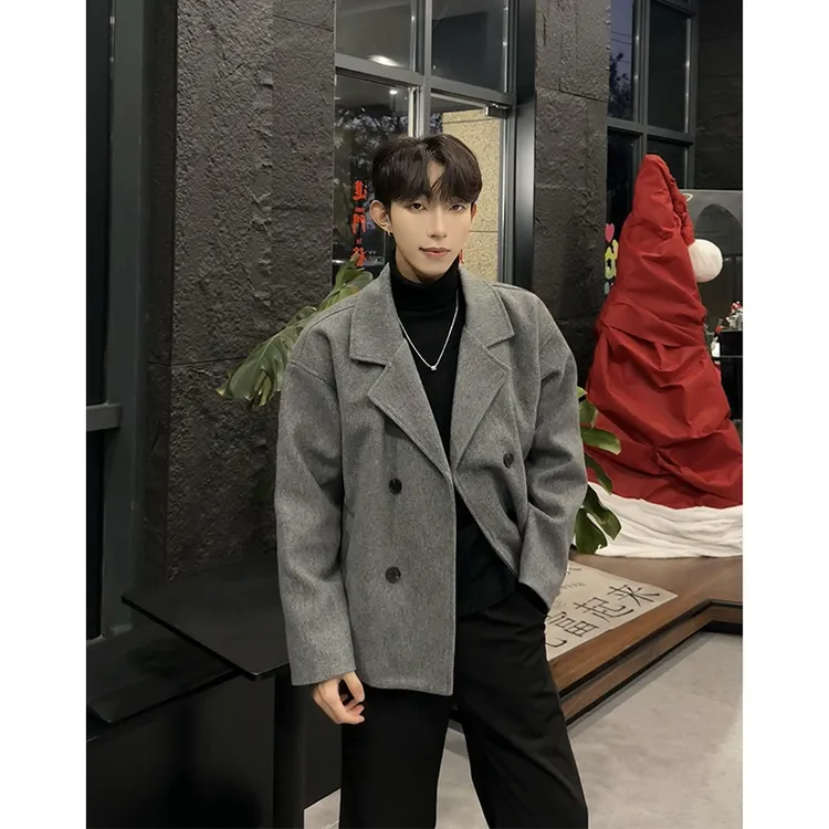 韩系翻领短款呢子大衣男冬季加厚呢料风衣夹克宽松青少年毛呢外套