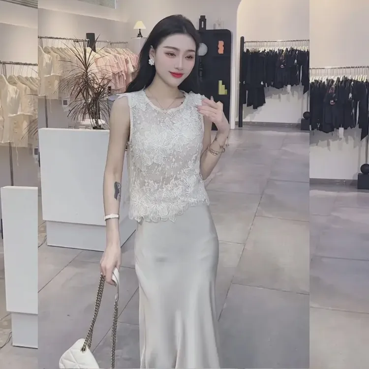 2025夏季新款纯欲仙女气质范立体蕾丝拼接上衣+半裙时尚休闲女装