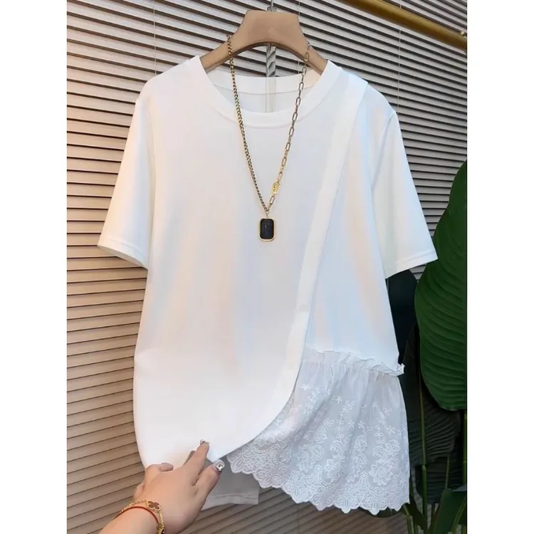 胖妹妹240斤高级感不规则拼接花边T恤女短袖春夏新款宽松大码上衣