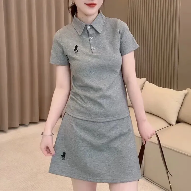 韩版刺绣POLO领短袖上衣高腰半身裙休闲套装夏季气质百搭两件套