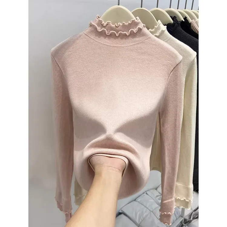 2025新款甜美半高领木耳边打底衫女秋冬内搭洋气修身套头针织衫