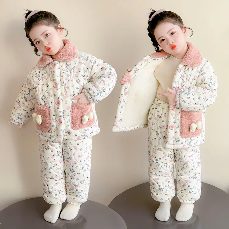 女童家居服套装居家冬季女孩公主碎花睡衣洋气夹棉保暖儿童女宝宝