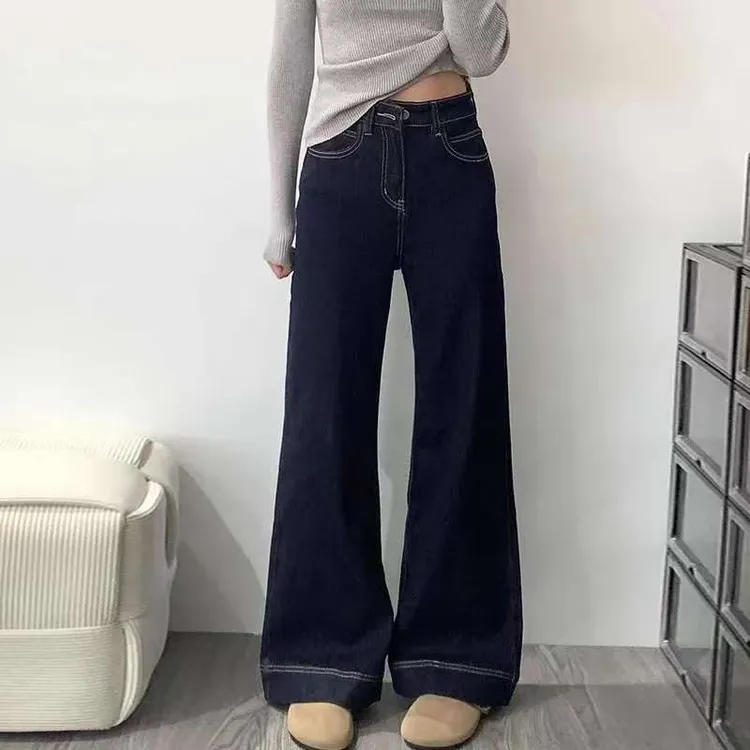 复古丹宁蓝阔腿牛仔裤女2025秋季新款百搭高腰宽松显瘦直筒九分裤