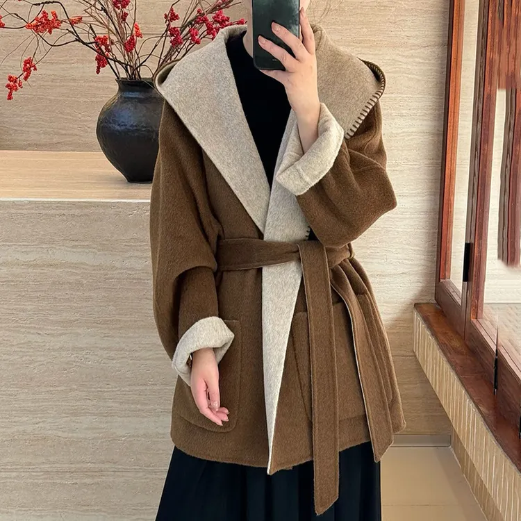 2025秋冬新款女高级设计感中长款双面羊毛大衣连帽宽松两面穿外套