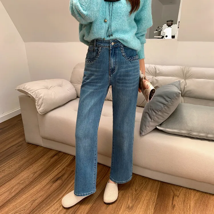 美思源复古蓝直筒牛仔裤女2025新款秋季麻花辫高腰显瘦九分阔腿裤