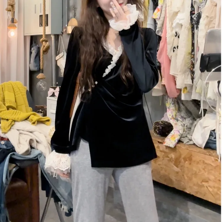 素拉那里法式宫廷风设计感丝绒双层蕾丝花边衬衣衬衫