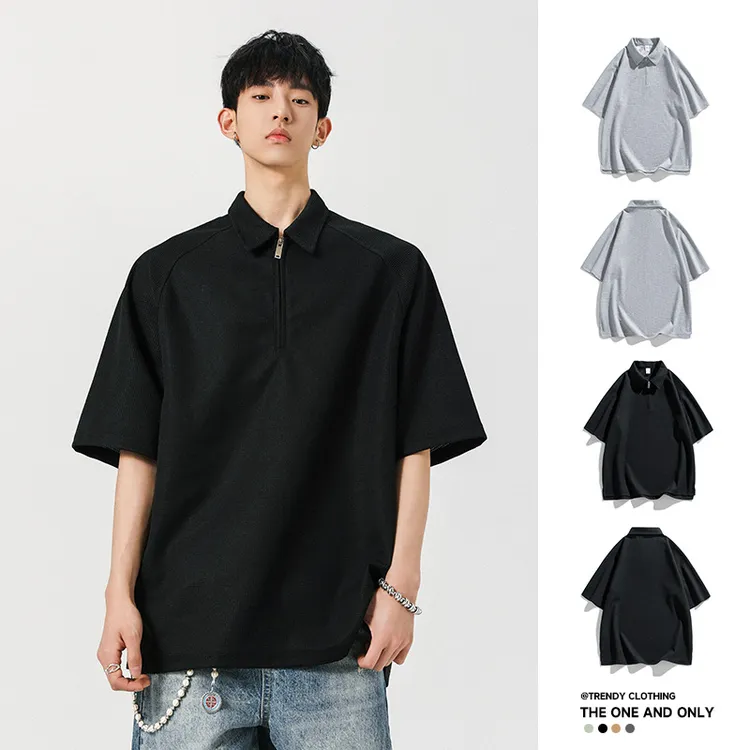男装美式潮牌翻领半拉链Polo衫夏季港风潮流港风翻领宽松polo衫