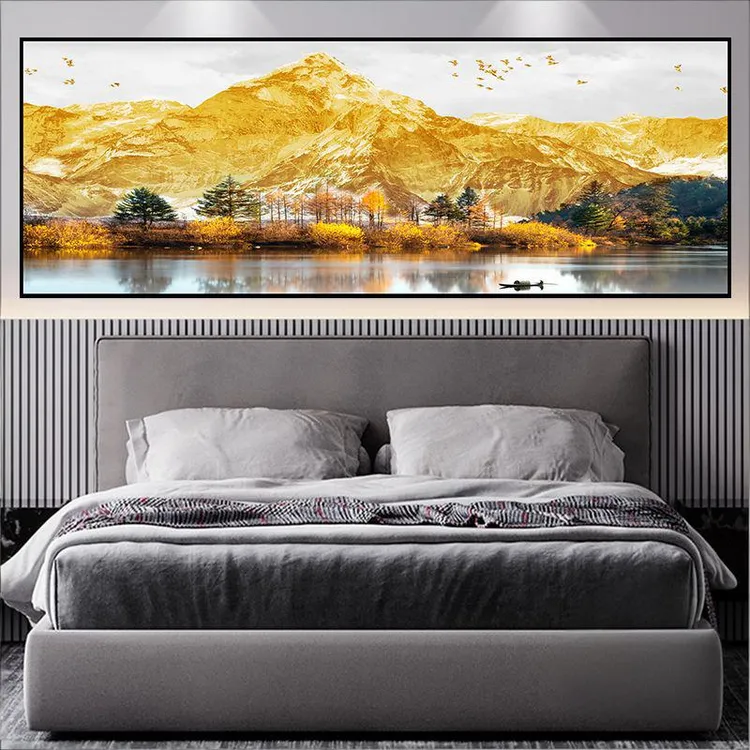背靠金山卧室床头装饰画墙贴自粘山水画靠山招财客厅背景墙壁画