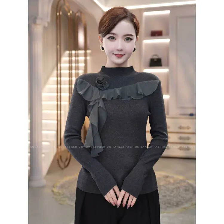 2025新款【L1-02】含绵羊毛针织衫精致修身灰色百搭毛衣内搭针织衫