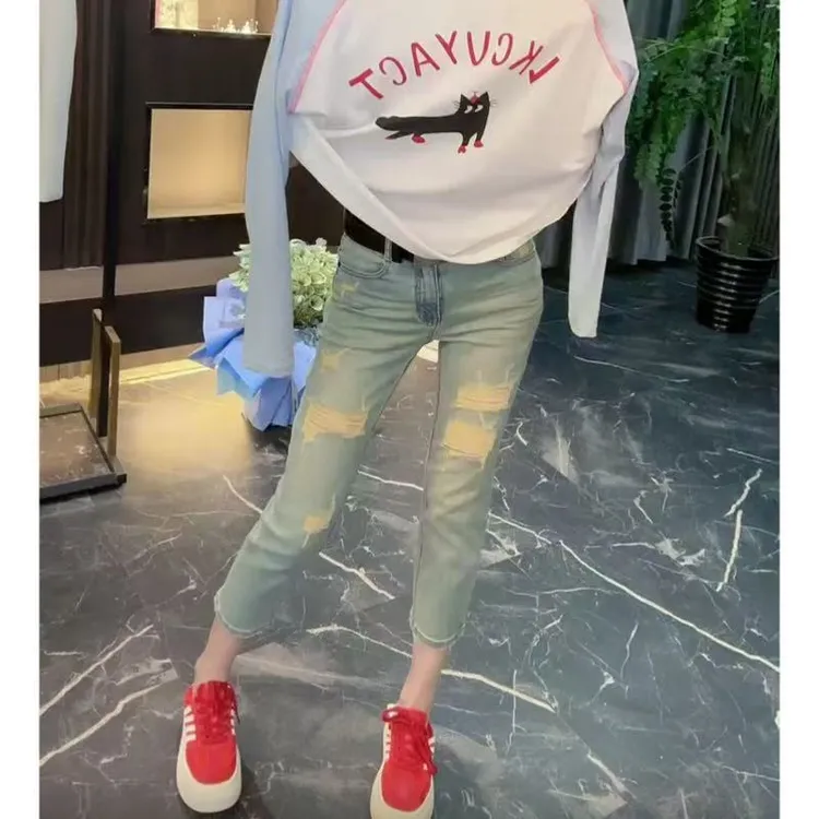 飞芊娅夏季新款破洞直筒牛仔裤梨形身材宽松显瘦小个子八分烟管裤