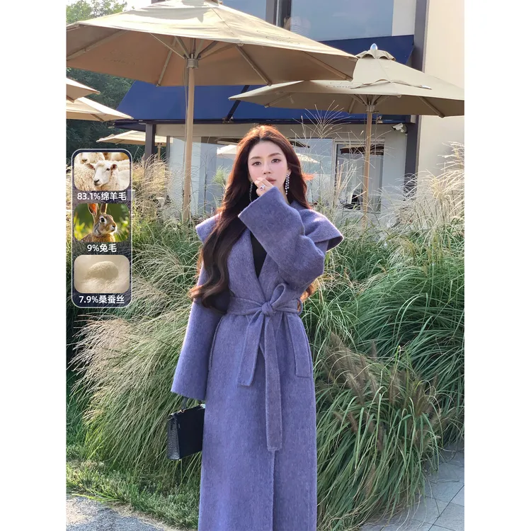 冯薪颖 【普罗旺斯】桑蚕丝＆兔毛＆羊毛 大翻领毛呢大衣外套 25961