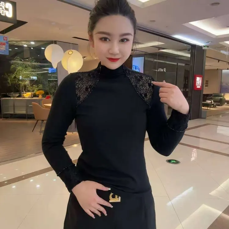 水绒蕾丝串珠慕斯绒打底蕾丝长袖网红时尚百搭女士显瘦黑色半高领