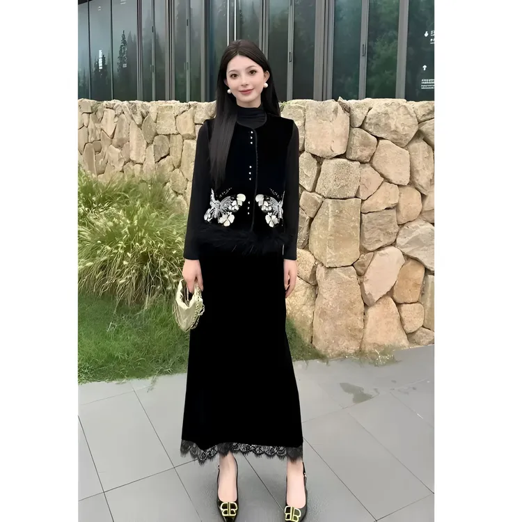 2025秋季新款复古新中式马甲丝绒半身裙套装