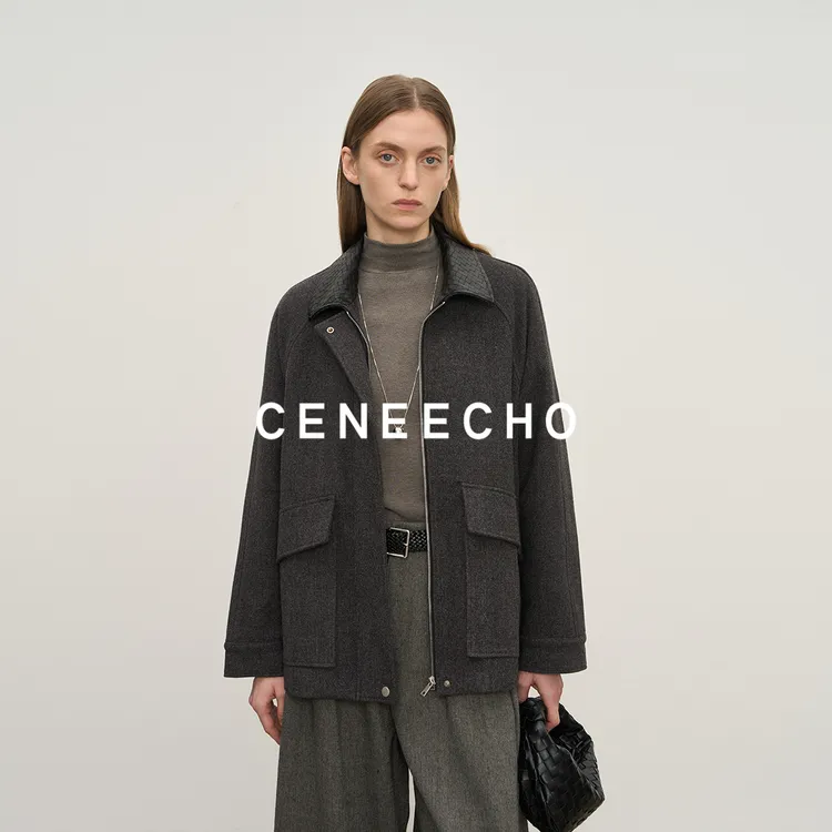 CENEECHO【SUSU系列】拼接格纹翻领棉服外套女拉链廓形上衣P007