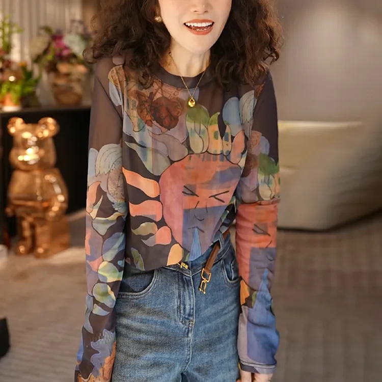 时尚休闲晕染印花薄款T恤春夏新款圆领修身显瘦减龄百搭上衣女