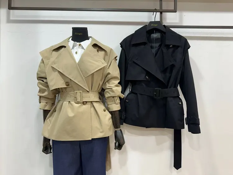 高端双重翅膀配腰带短风衣