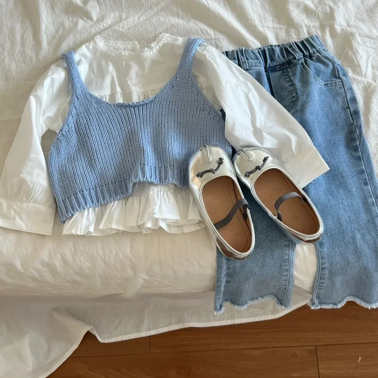 童装2025春季女童洋气时髦套装儿童长袖时尚针织马甲牛仔裤