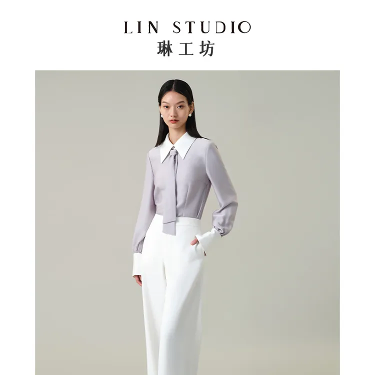 【领带可拆】琳工坊“轻漠”灰拼白色衬衫通勤气质欧若风唐琳设计师