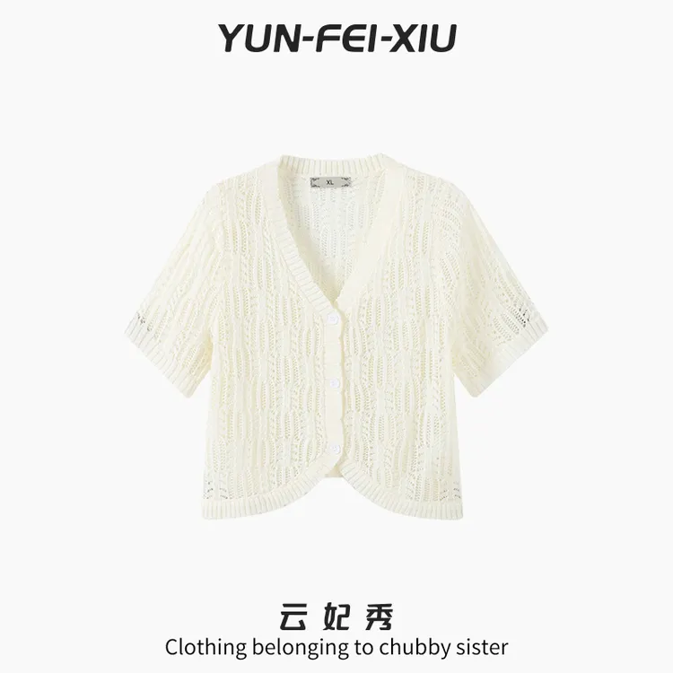 云妃秀大码女装针织衫时尚休闲微胖气质减龄开衫显瘦镂空夏季2500