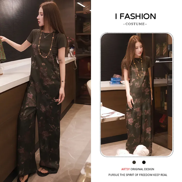 时尚韩版轻奢套装女2025年夏季新款短袖上衣印花背带阔腿裤两件套