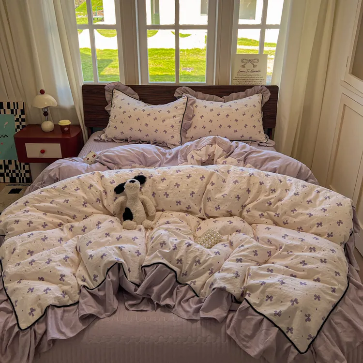 新款法式花边云感棉加厚床盖四件套不起球可机洗四季款被套床品