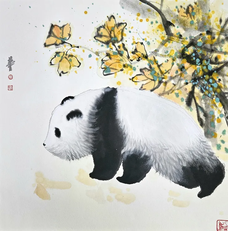 国画作品工兼写动物工笔熊猫斗方卡纸画作