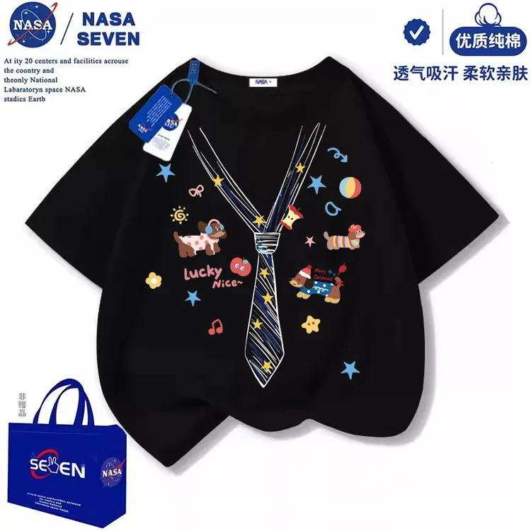 NASA卡通趣味男童纯棉短袖T恤夏季中大童印花2026新款儿童上衣