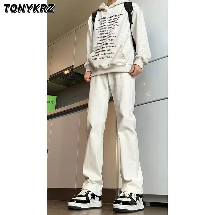 TONYKRZ白色微喇牛仔裤男款美式vibe裤子高街百搭窄版直筒弯刀裤