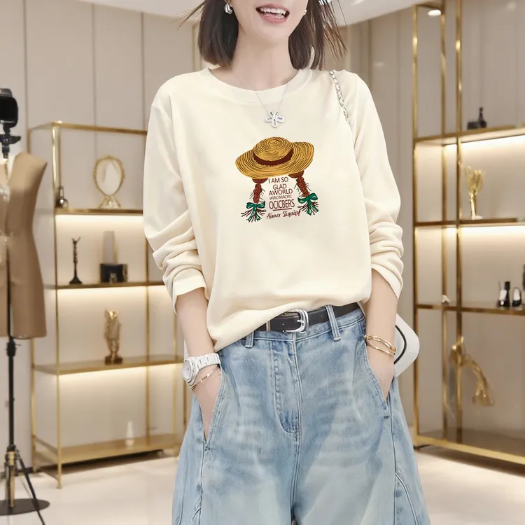 啄木鸟 纯棉白色长袖T恤女士圆领韩版2025新款百搭套头打底衫上衣