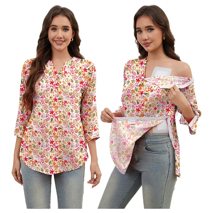 七分袖复古碎花V领时尚医护制服显瘦宽松