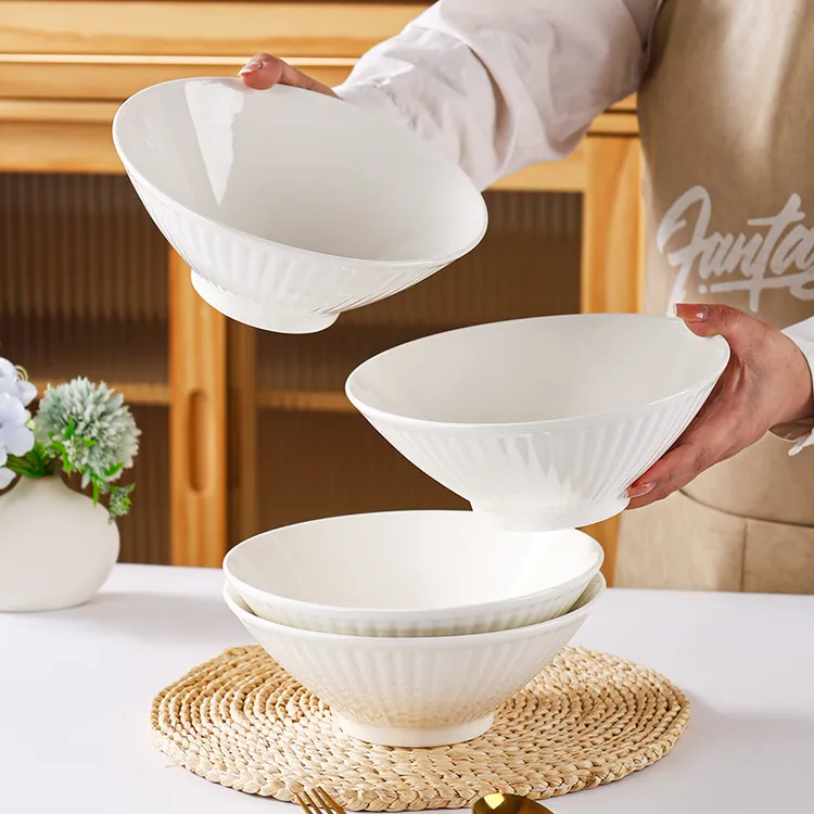 8英寸4只简约纯白竖纹大号陶瓷斗碗拌面家用米饭碗大碗大汤碗餐具