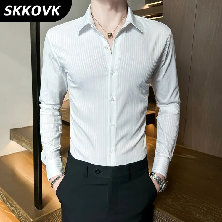 暗条纹白色衬衫男长袖高级感修身轻奢衬衣商务休闲百搭帅气寸衫潮