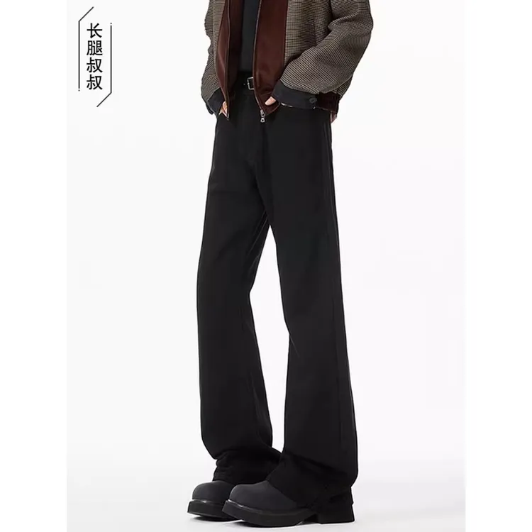 190高个子加长男裤秋冬季加绒加厚弯刀牛仔裤男黑色休闲微喇长裤