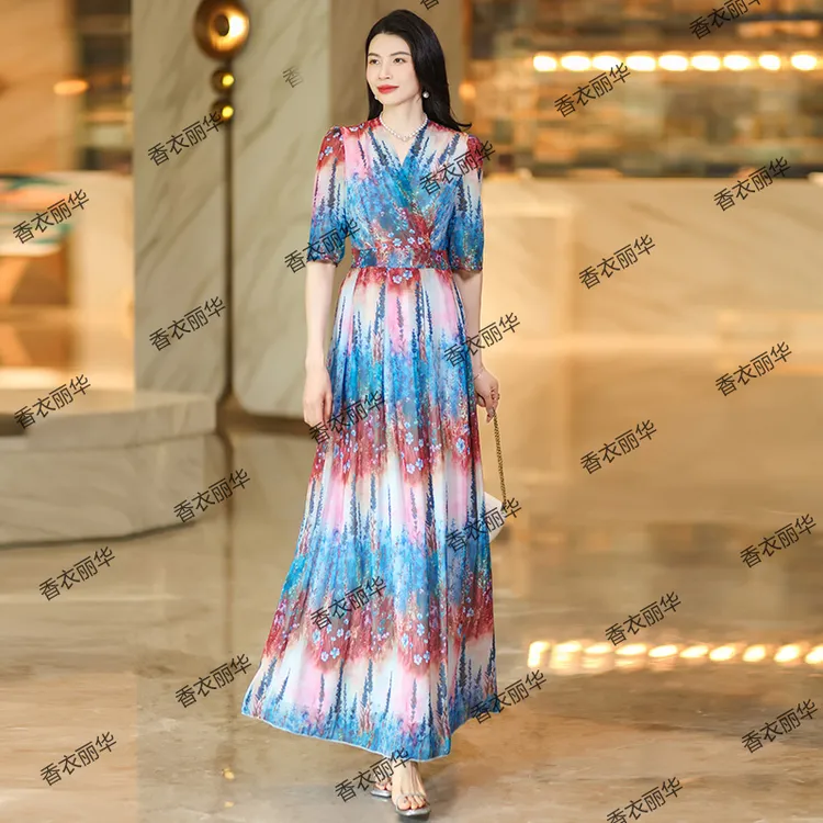 香衣丽华28-366夏季新款显瘦气质轻奢时尚大摆过膝修身连衣长裙