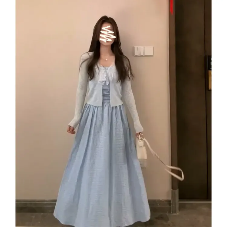 A1502#夏季新款韩系穿搭短款长袖针织开衫气质收腰格纹吊带连衣裙