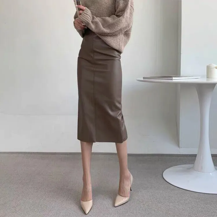 开 叉皮裙半身裙女PU裙2025新款春秋显瘦中长版直筒裙包臀一步裙