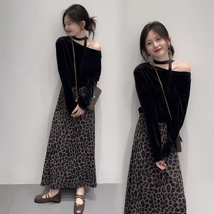 2025秋季新款设计感斜肩上衣搭豹纹半身裙辣妹气质时尚女装